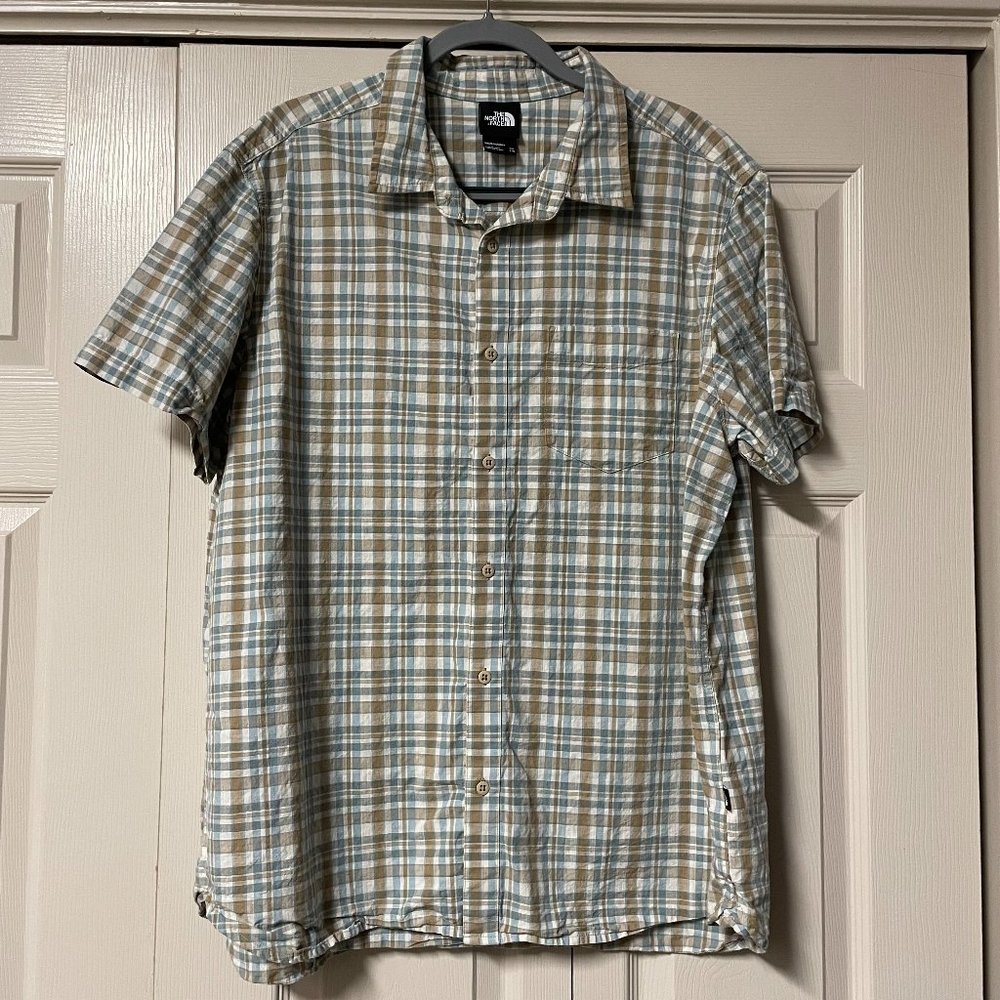 The North Face Blue White Tan Plaid Button Down Shirt Summer Spring Outdoor XXL